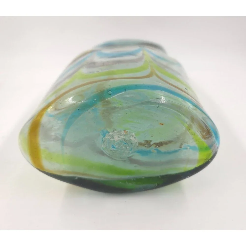 Vintage Lg Hand Blown Cased Art Glass Vase Blue Green Orange Stripes Unknown 11”
